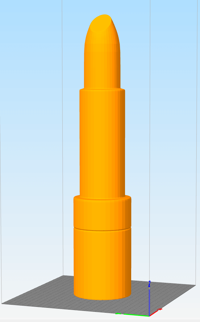 Modèle 3D d'un rouge à lèvres imprimé en grand format, de couleur orange vif, présenté sur un fond neutre.
