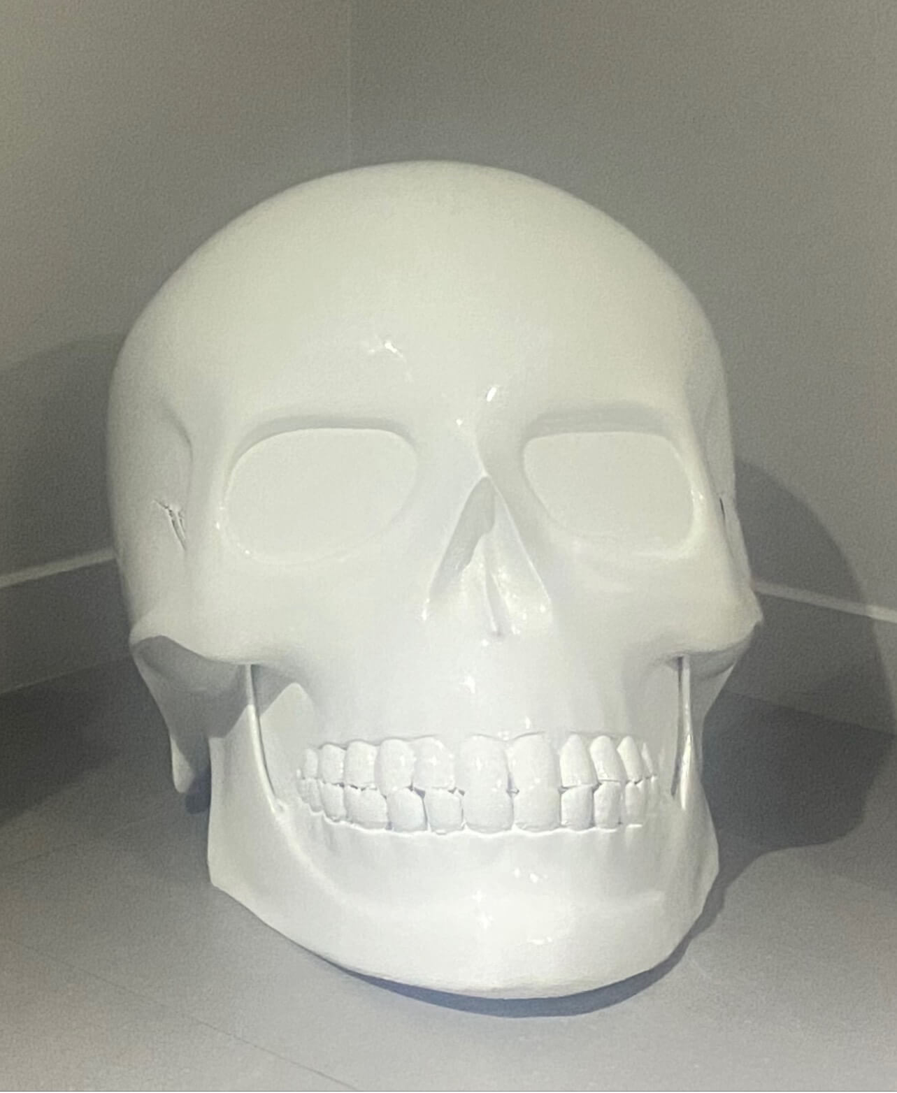 Crâne décoratif 3D blanc en plastique brillant, présenté sur une surface métallique, objet design et artistique