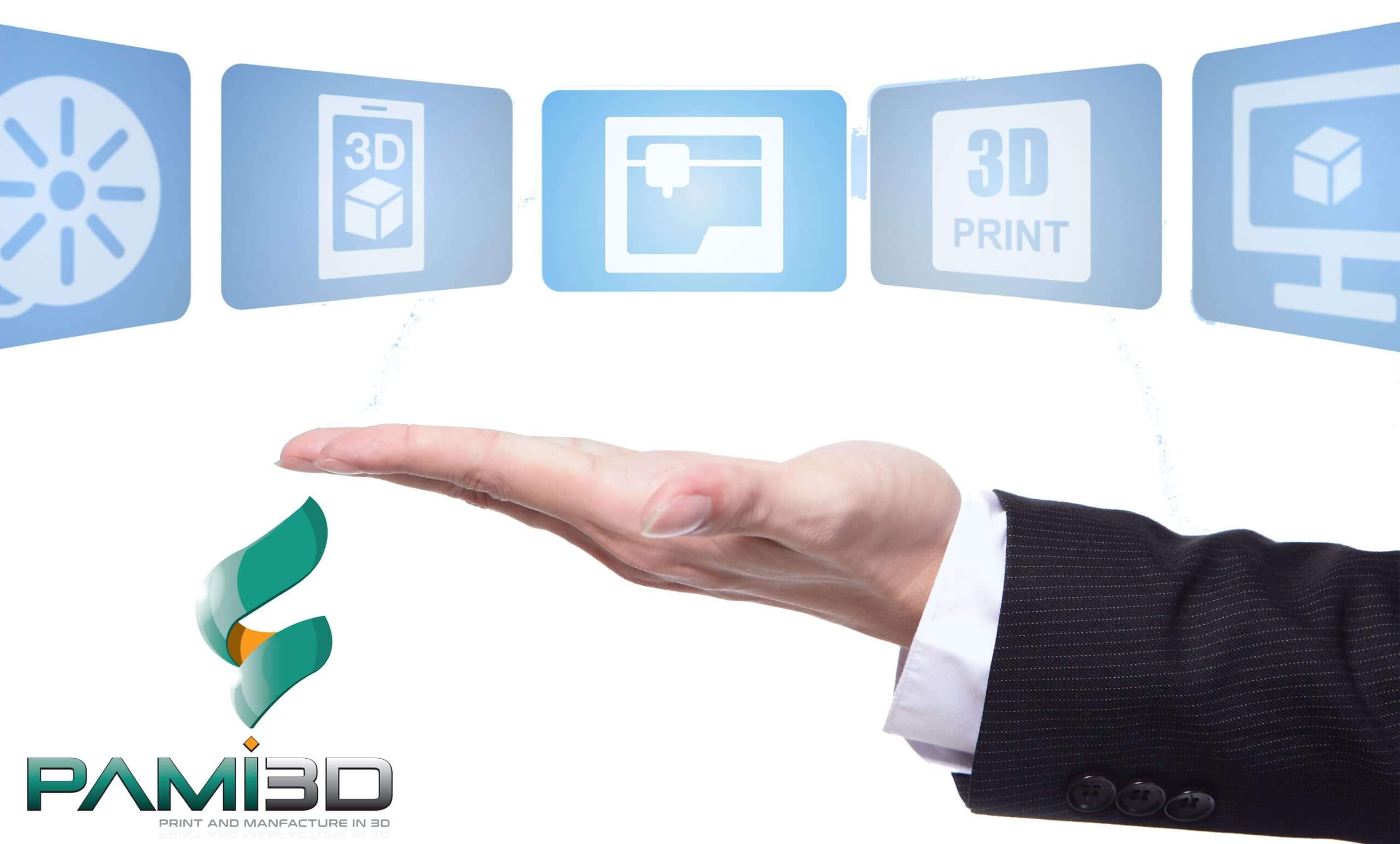 Main tenant des icônes flottantes représentant l'impression 3D et le logo PAMI3D, symbolisant la technologie d'impression 3D grand format.