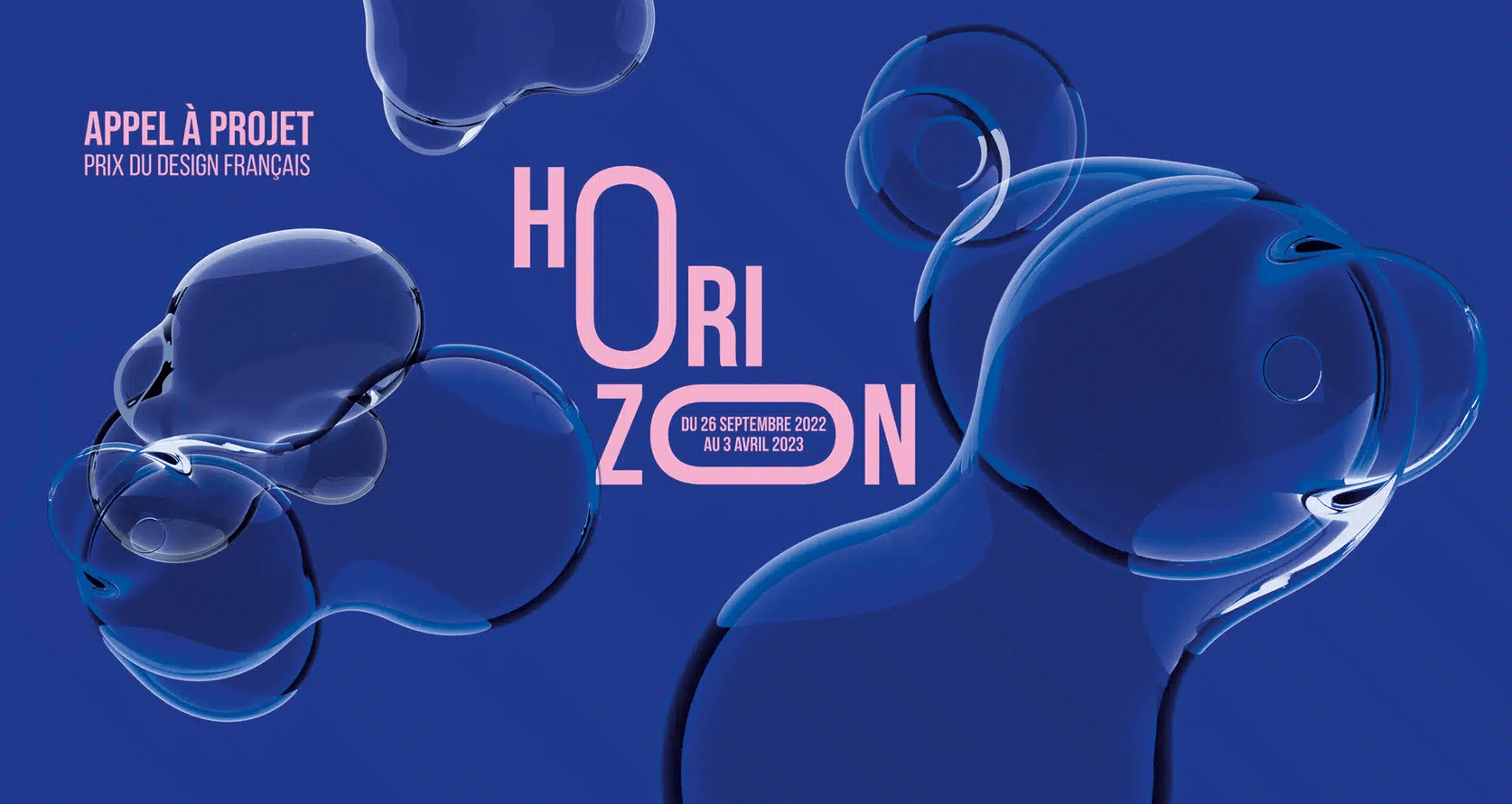 Visuel pour le concours Horizon, appel à projet du Prix du Design Français, avec des formes de bulles translucides sur fond bleu