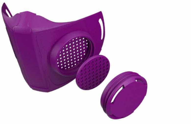 Masque de protection imprimé en 3D grand format, de couleur violette, avec des parties détachables pour la filtration.
