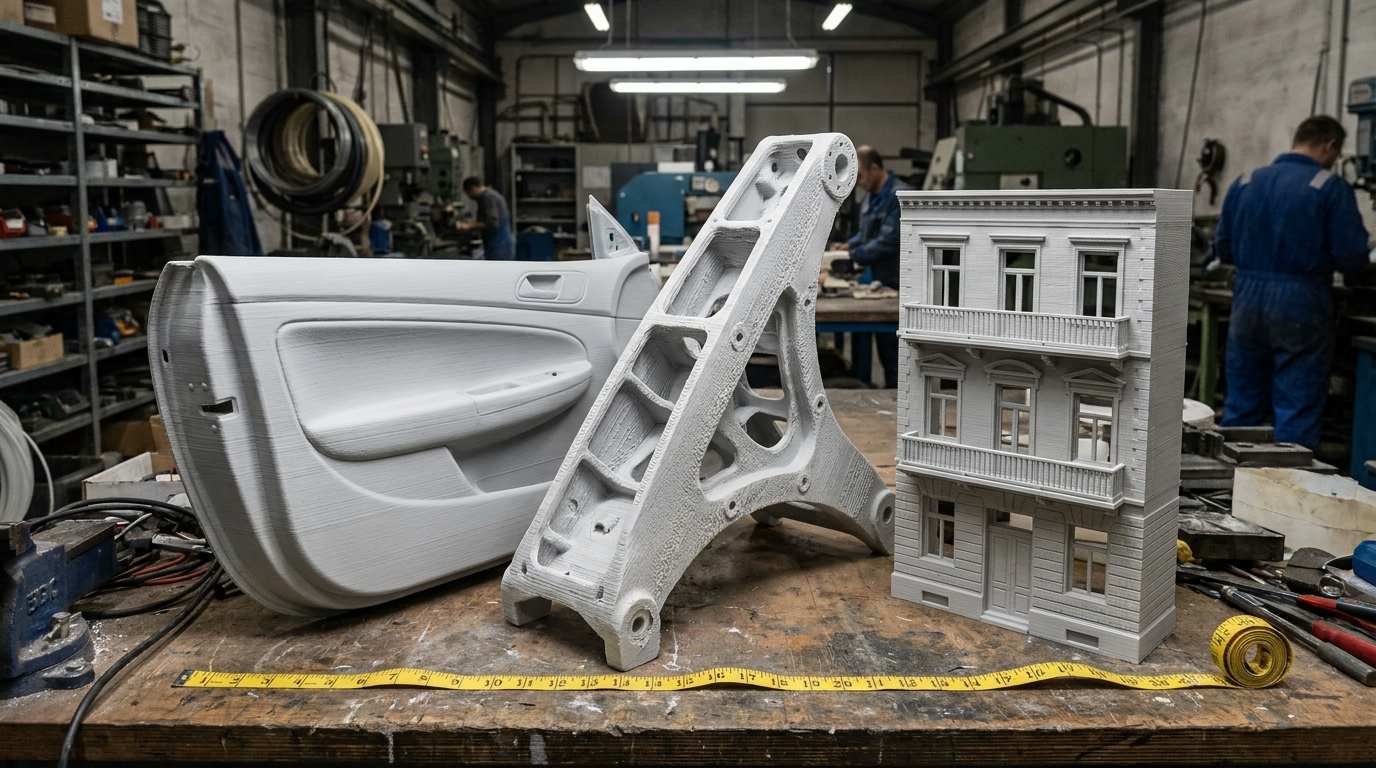 Trois prototypes FDM grand format PAMI3D porte automobile bracket aéronautique maquette architecture atelier